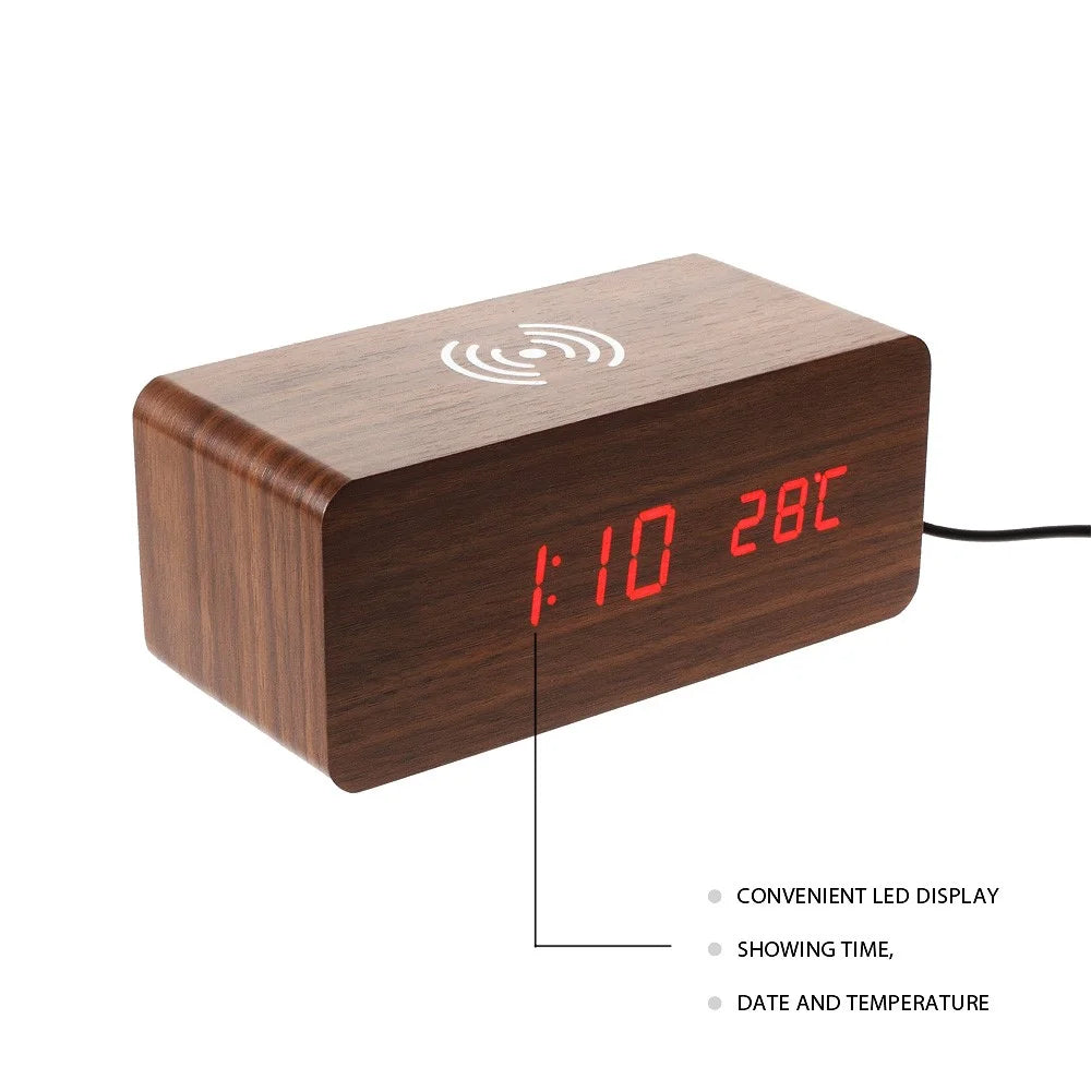 Wooden Alarm Clock with Qi Wireless Charger Sound Control LED Digital Clock Temperature Display - Black - 5