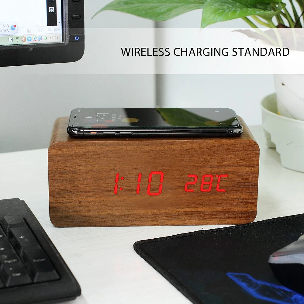 Wooden Alarm Clock with Qi Wireless Charger Sound Control LED Digital Clock Temperature Display - Black - 7