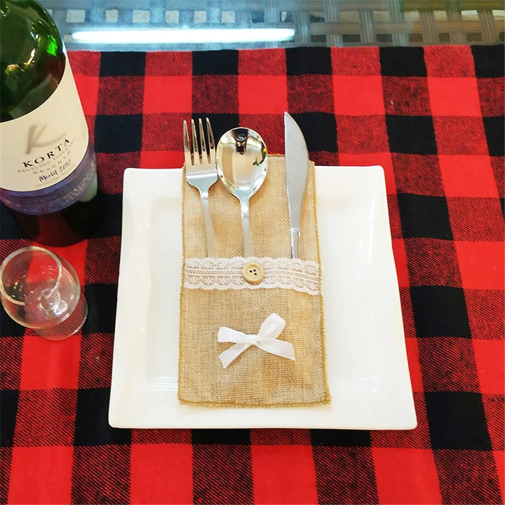 Christmas Burlap Lace Utensil Holder Silverware Cutlery Pouch Knife Fork Bag - Bowknot - 1