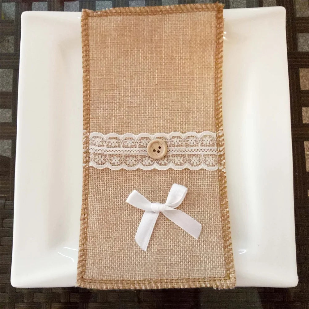 Christmas Burlap Lace Utensil Holder Silverware Cutlery Pouch Knife Fork Bag - Bowknot - 2
