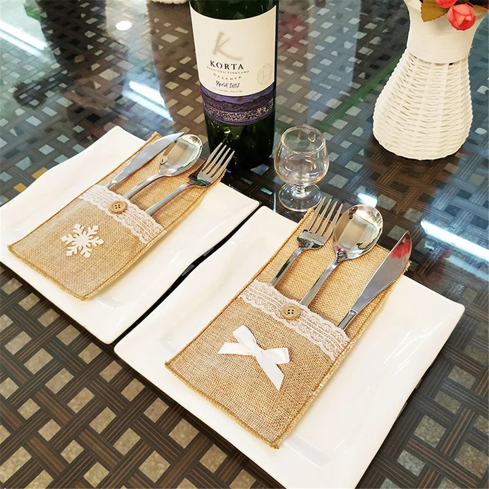 Christmas Burlap Lace Utensil Holder Silverware Cutlery Pouch Knife Fork Bag - Bowknot - 4