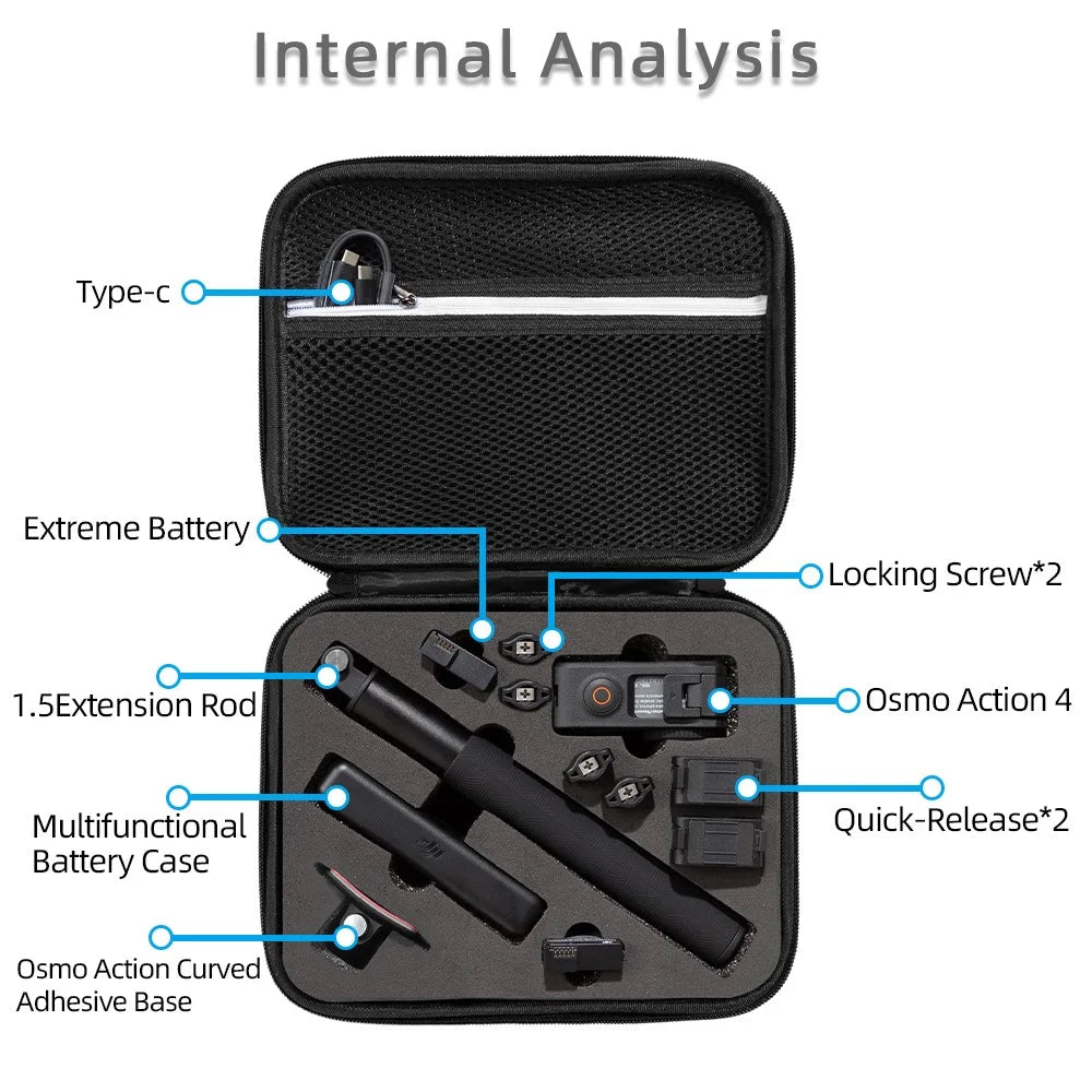 For DJI Osmo Action 3 / Action 4 / Action 5 Pro Portable Zipper Camera Protection Case EVA Hard Shell Handle Strap Camera Accessories Storage Bag - Black - 4