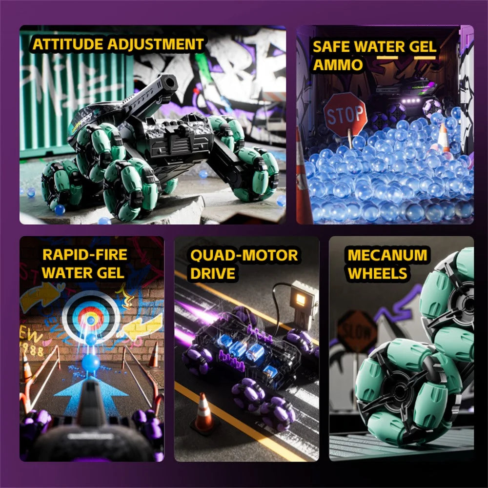4DRC 4D-Y13 Water Bomb Launcher Dual Control 6 Wheel Drive RC Stunt Tank Children Gift, with 1 Battery - Purple - 4
