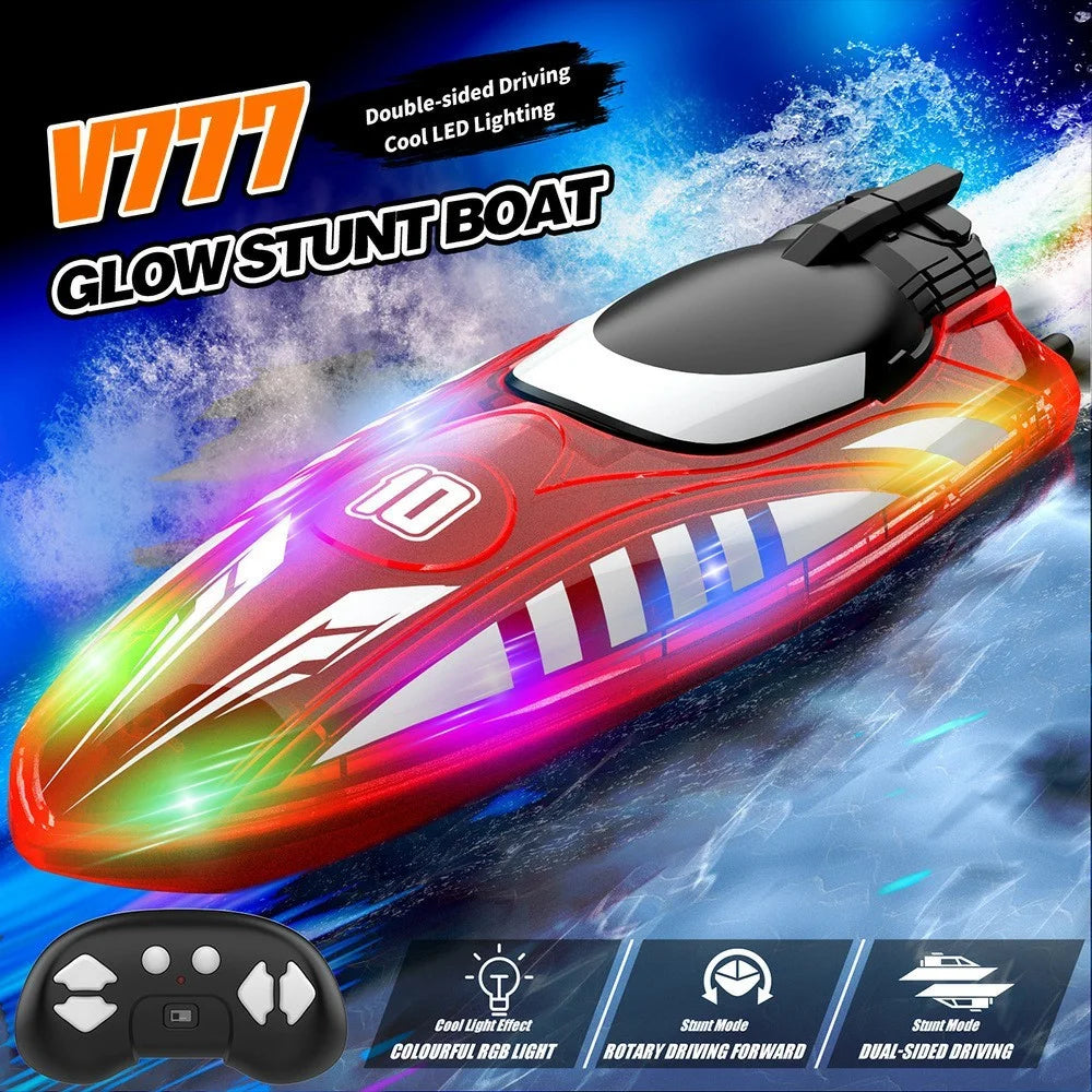 V777 2.4G Remote Control Stunt Boat Toy with 1 Battery High Speed Electric RC Boat with RGB LED Light for Children - Blue - 2