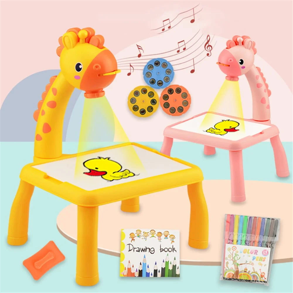 6689 Giraffe Projection Painting Table Drawing Board Projector Graffiti Writing Paint Board Desk Children Educational Toy with Music - Pink - 2