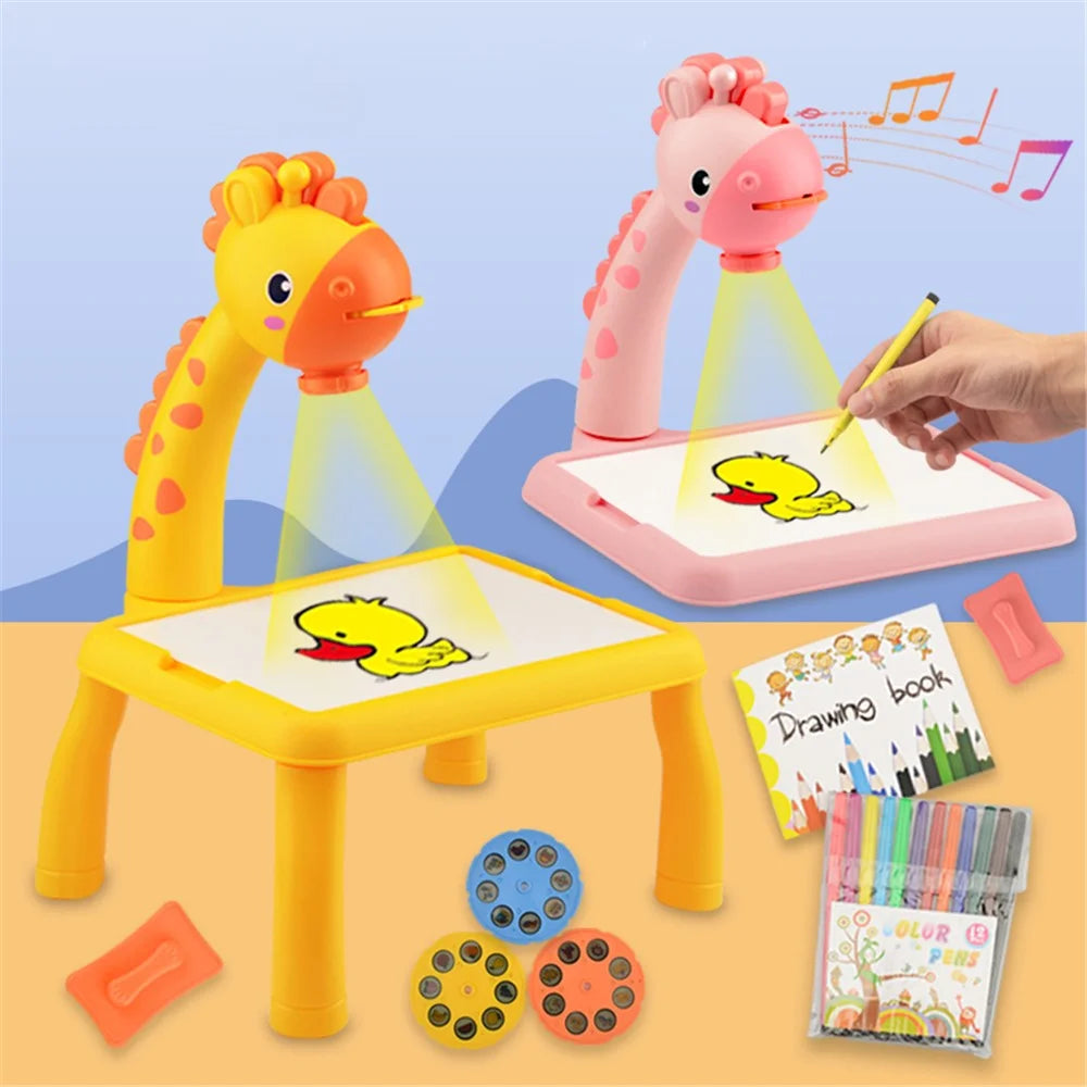 6689 Giraffe Projection Painting Table Drawing Board Projector Graffiti Writing Paint Board Desk Children Educational Toy with Music - Pink - 3