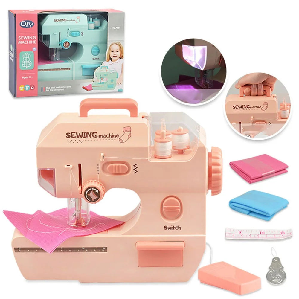 7981 Children Pretend Play Sewing Machine Toy Mini Appliance Electric Sewing Machine Toy with Folding Handle/Lights - Pink - 7