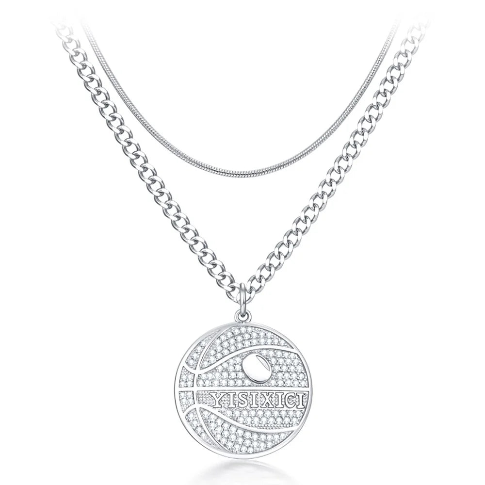 YISIXICI XL13140033 Zirconia Basketball Pendant Necklace S925 Silver Neck Jewelry (Dual Circle Chain) - Style A - 1