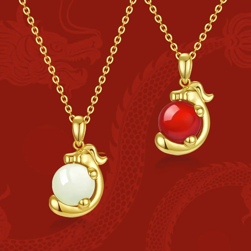 YISIXICI XL13140056 Lucky Necklace Chinese Dragon Hug Pearl Neck Jewelry Women's Birthday Gift - Nephrite / Silver - 7