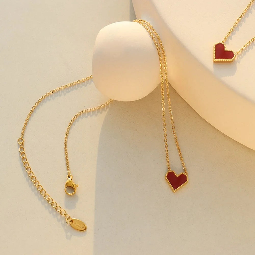 Elegant Heart Pendant Necklace Titanium Steel Chain Versatile Fashion Jewelry 40+5cm Extender - Silver - 3