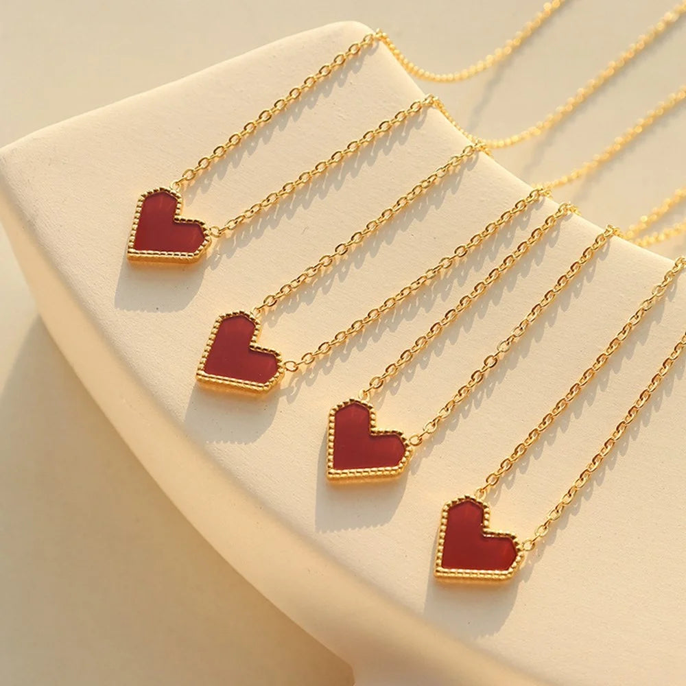 Elegant Heart Pendant Necklace Titanium Steel Chain Versatile Fashion Jewelry 40+5cm Extender - Silver - 4