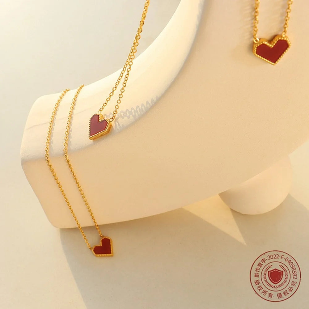 Elegant Heart Pendant Necklace Titanium Steel Chain Versatile Fashion Jewelry 40+5cm Extender - Silver - 5