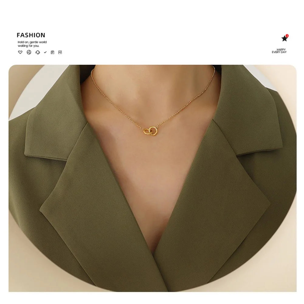 Luxury Interlocking Circles Pendant Necklace Titanium Steel Gold Plated Fashion Versatile 40+5cm Chain - 7