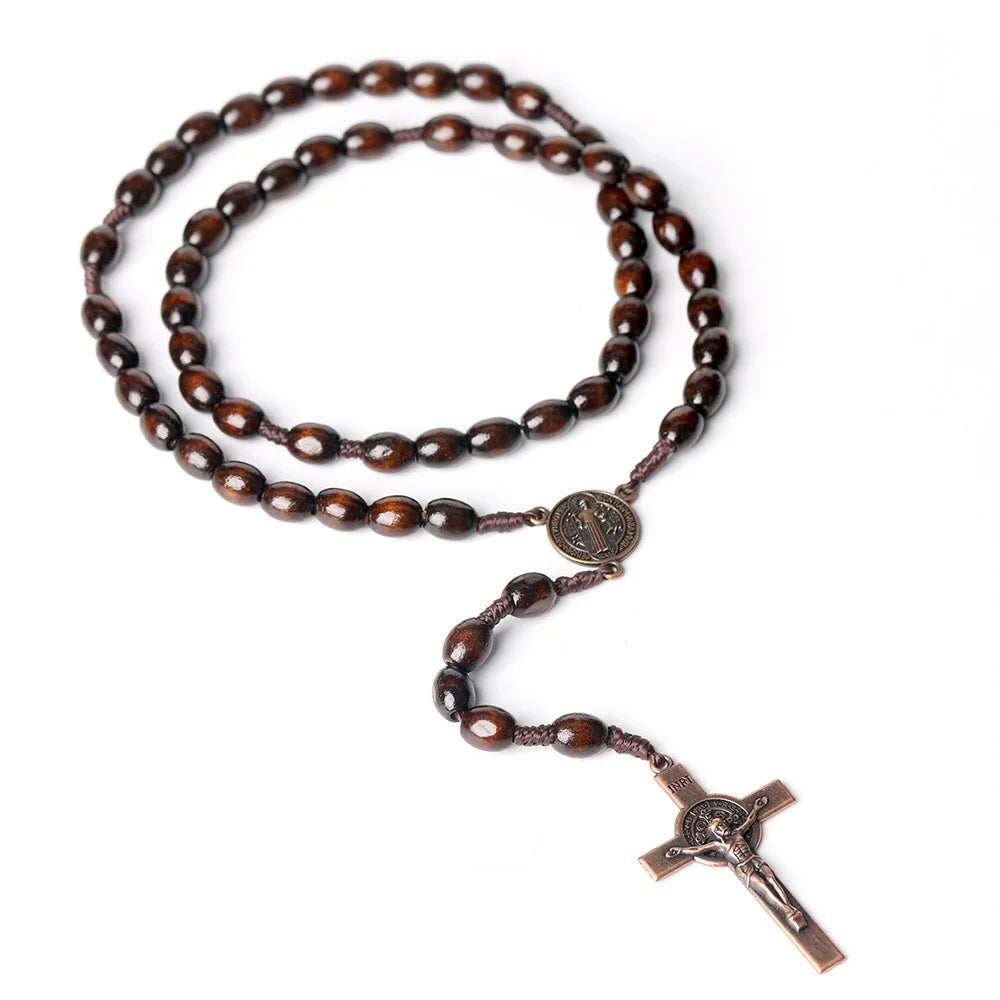 Cross Pendant Necklace with 59 Wooden Beads Religious Rosary Jewelry for Prayer Meditation - 1