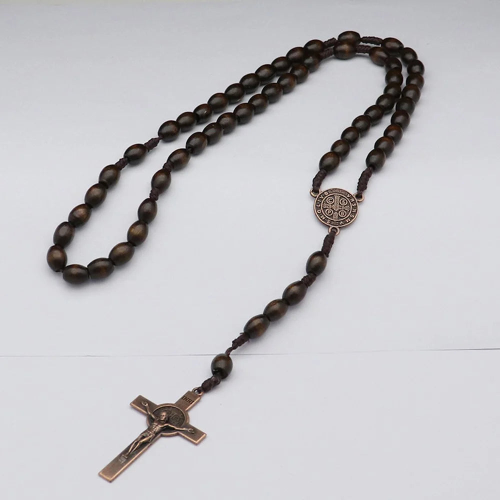 Cross Pendant Necklace with 59 Wooden Beads Religious Rosary Jewelry for Prayer Meditation - 2