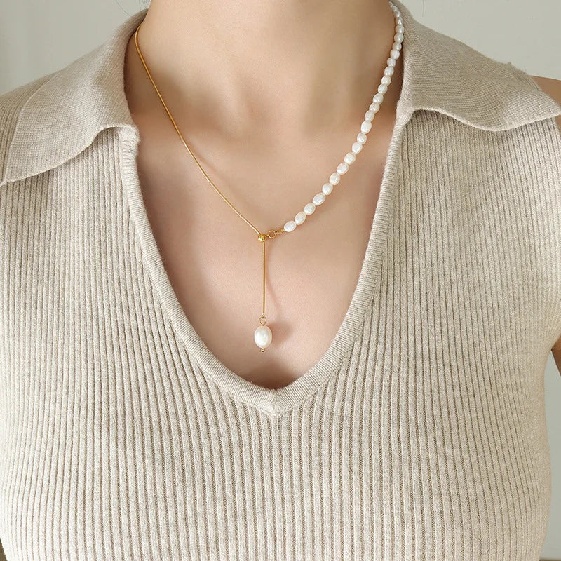 Luxury Titanium Steel Gold Plated Snake Chain Adjustable Freshwater Pearl Necklace Geometric Design Jewelry Gift - 1