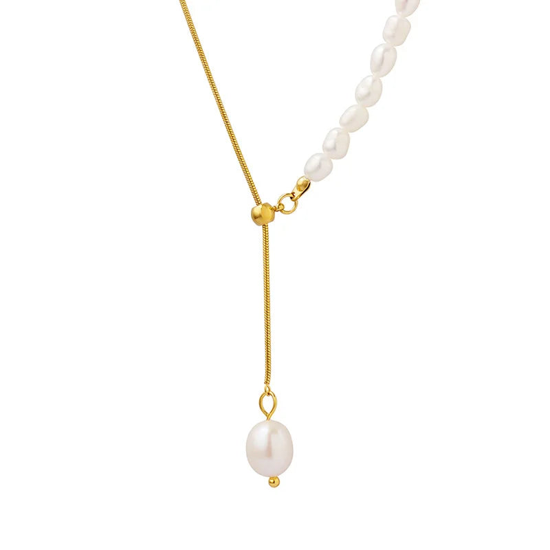 Luxury Titanium Steel Gold Plated Snake Chain Adjustable Freshwater Pearl Necklace Geometric Design Jewelry Gift - 2
