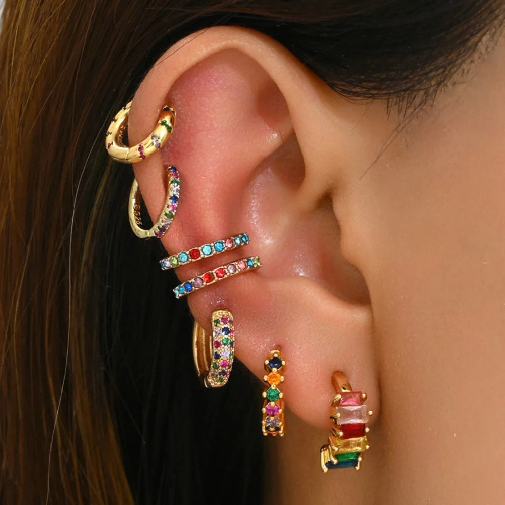 U-Shaped Gold Plated Copper Earrings for Women Geometric Stud Earrings with Colorful Zircon Elegant Jewelry - 2