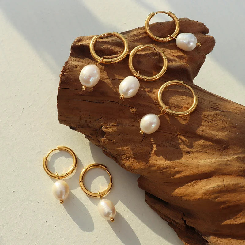 18K Gold Plated Small Hoop Pearl Earrings French Vintage Titanium Steel Geometric Drop Dangle Earrings - 3