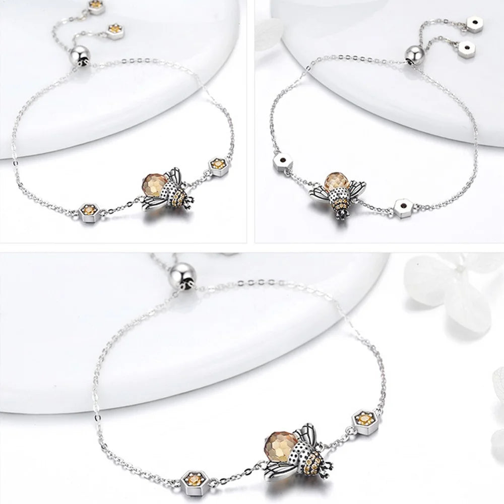 YIZIY S925 Sterling Silver Zircon Bee Decor Bracelet Adjustable Wrist Chain Women Bracelet Jewelry Gift - 3