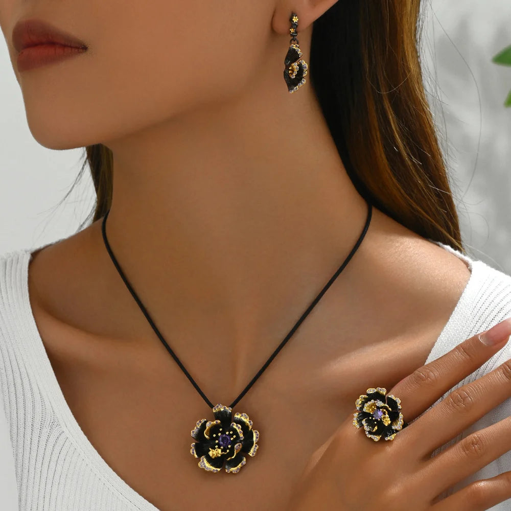 BASHA XL5398 Women Vintage Sunflower Diamond Jewelry Set Necklace Earrings Ring Retro Kit - 2
