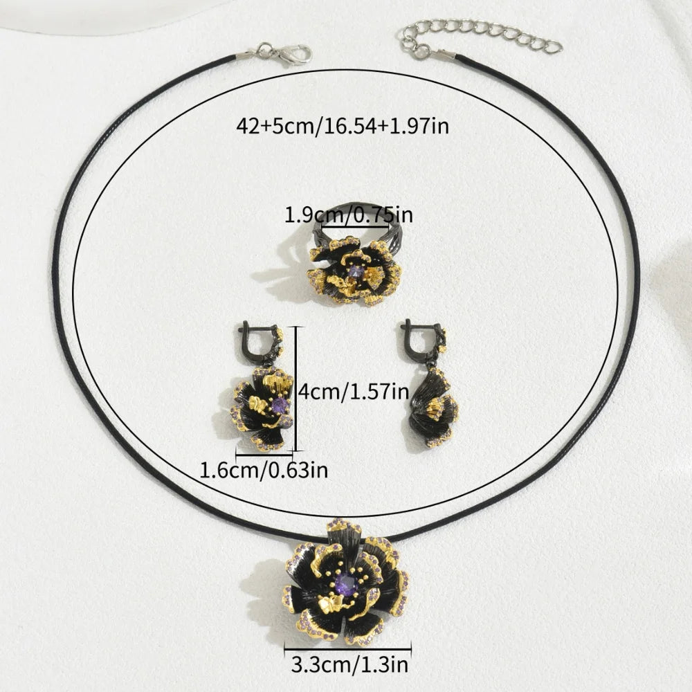 BASHA XL5398 Women Vintage Sunflower Diamond Jewelry Set Necklace Earrings Ring Retro Kit - 5