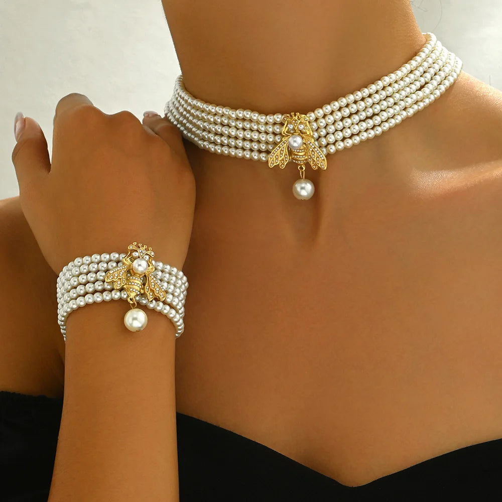 Pearl Bee Pendant Necklace Bracelet Set Multilayer Beaded Chain Jewelry Combination for Women - 2