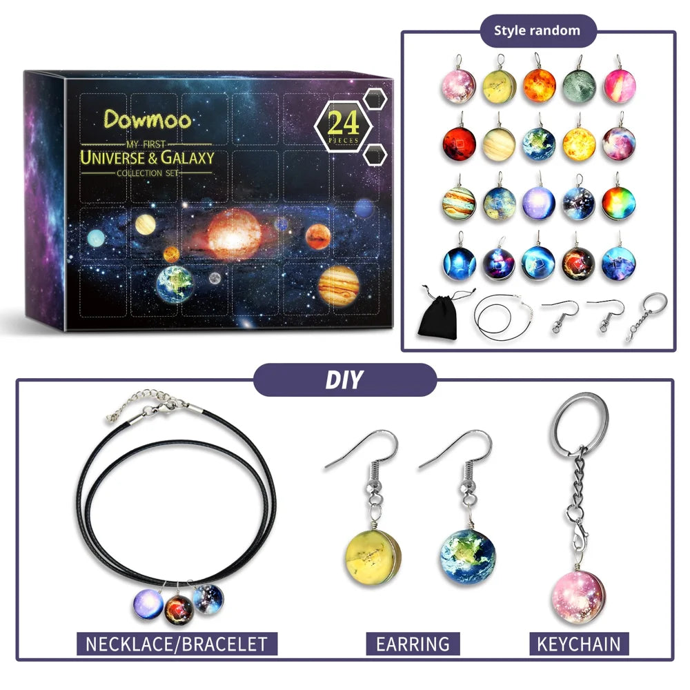 DOWMOO 24PCS DIY Universe Galaxy Pendant Jewelry Set Calendar Gift Box Necklace Bracelet Earrings Accessories - 1 Set - 1