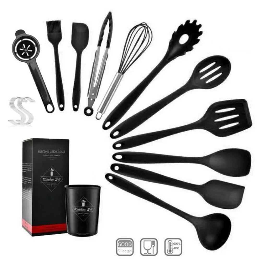 11Pcs Silicone Utensil Set Heat Resistant Non-Stick Cookware Slotted Turner Spoon Ladle Pasta Fork Spatula Whisk Brush - Black - 1