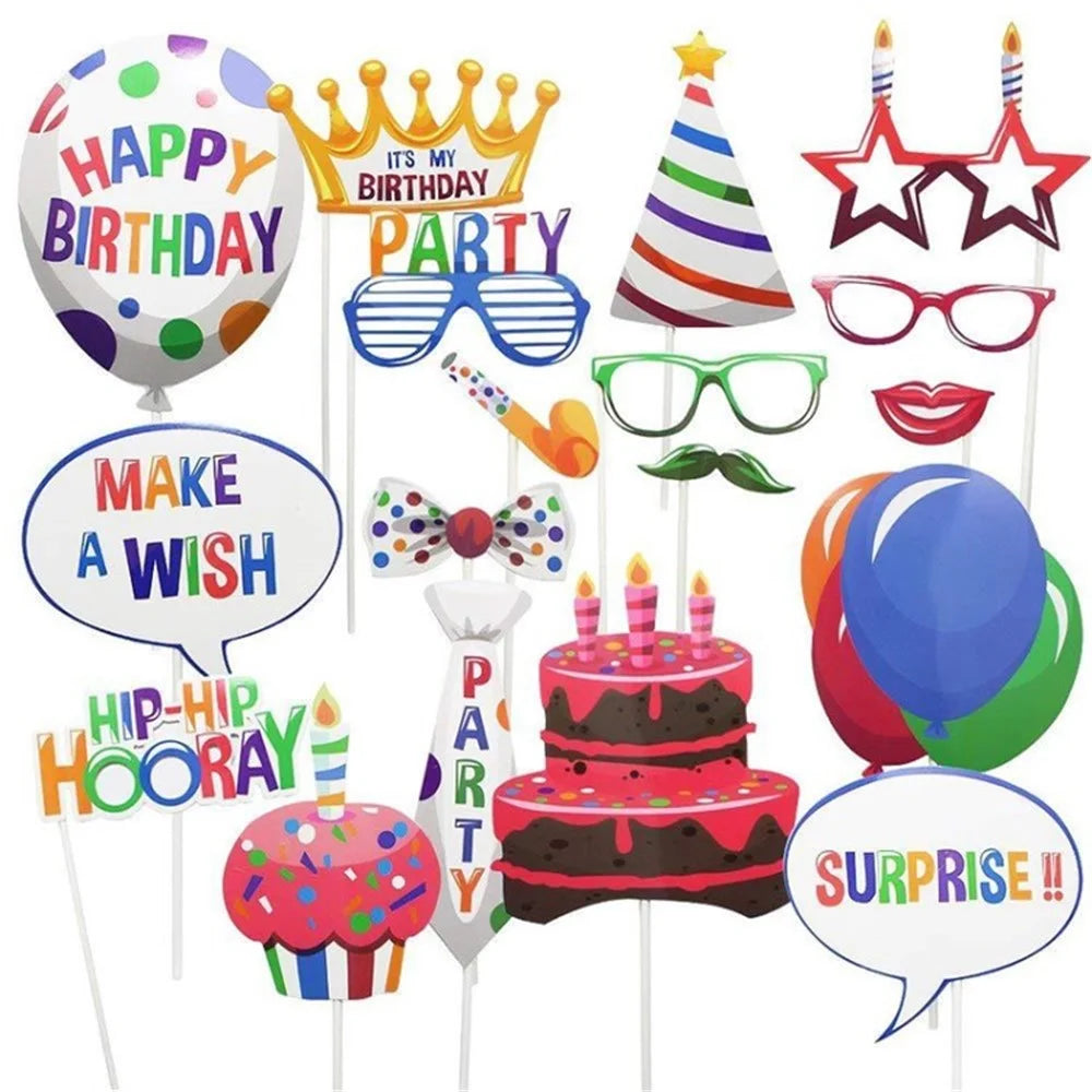 18 Pieces Colorful Stylish Happy Birthday Photo Booth Props Kit Gift for Birthday Party Celebration - 1