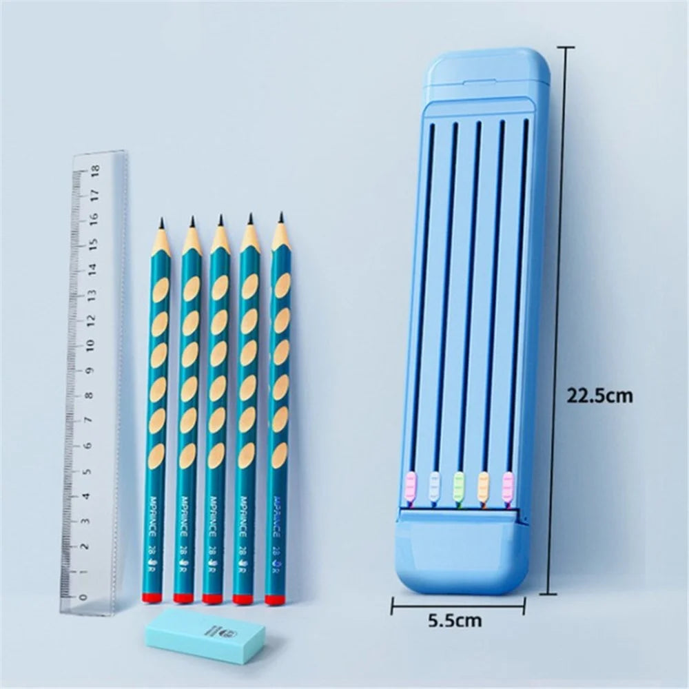 Multifunction Portable Pencil Case with 5 Pencils Ruler Eraser Set for Students Stationeries - Blue - 1
