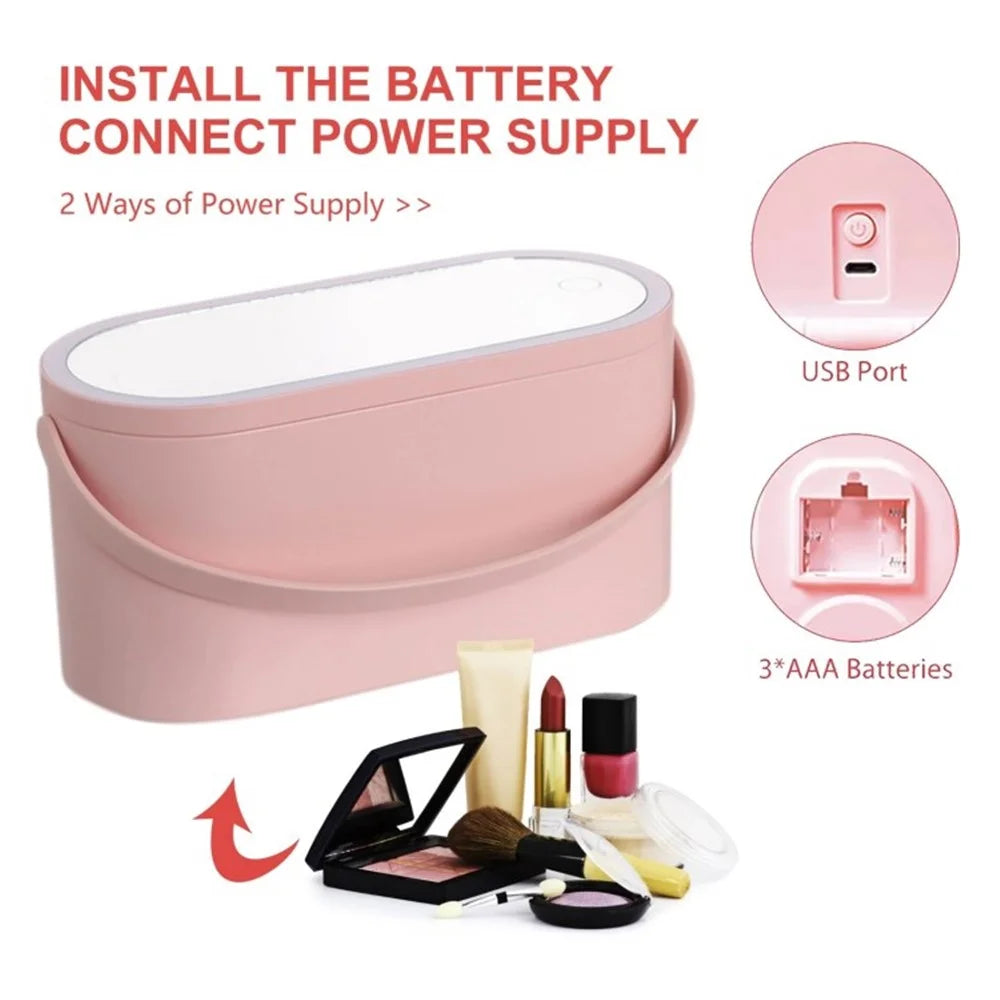 Travel Makeup Organizer Built-In Mirror Rechargeable Cosmetic Storage Box with LED Light - White - 2