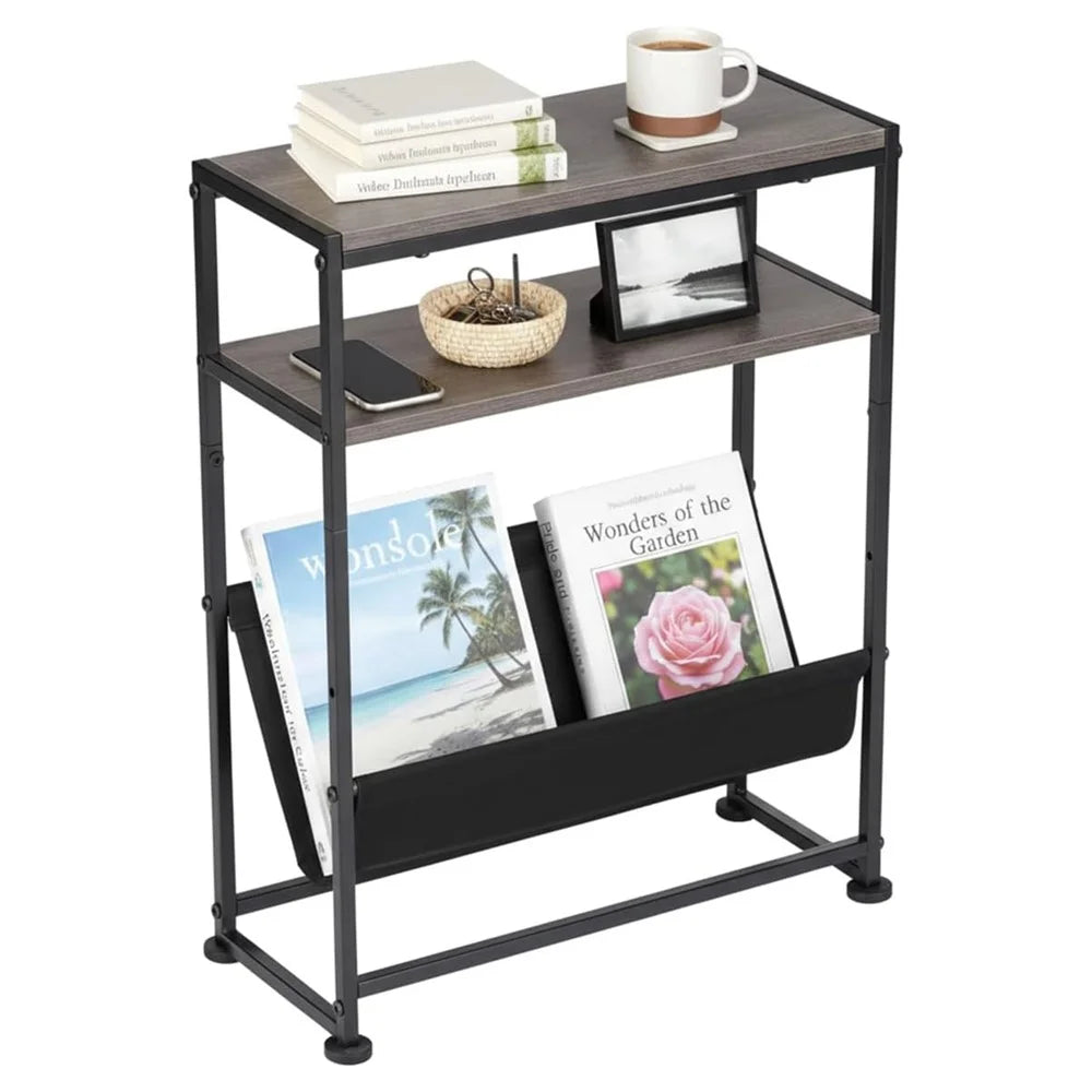 DULCII Metal Frame Wooden Magazine Organizer Table with Fabric Pocket for Home Office, 40 x 16.7 x 55cm - Grey Green - 1