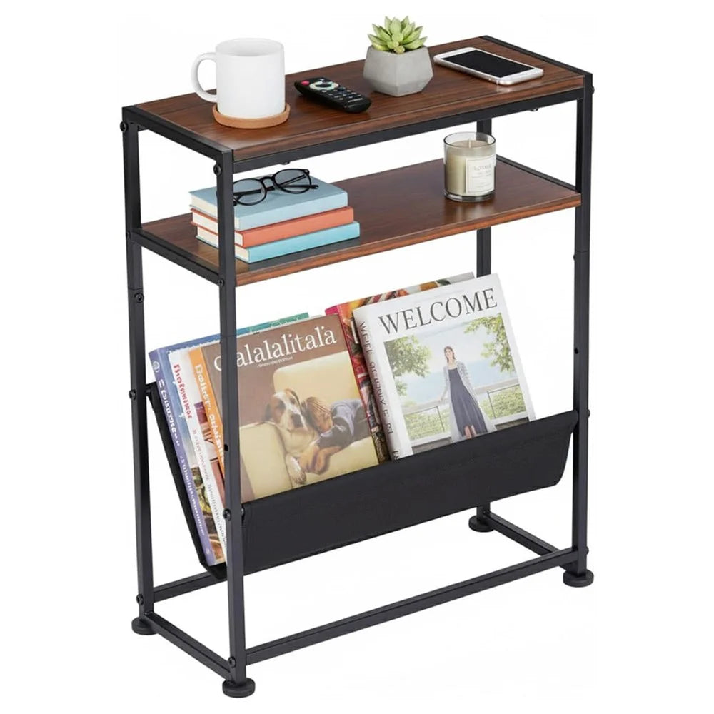 DULCII Metal Frame Wooden Magazine Organizer Table with Fabric Pocket for Home Office, 40 x 16.7 x 55cm - Cherry - 1