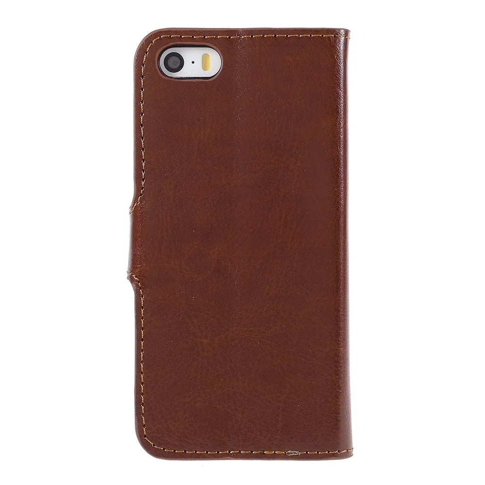 Brown for iPhone SE 5s 5 Crazy Horse Wallet Leather Case w/ Stand - 3