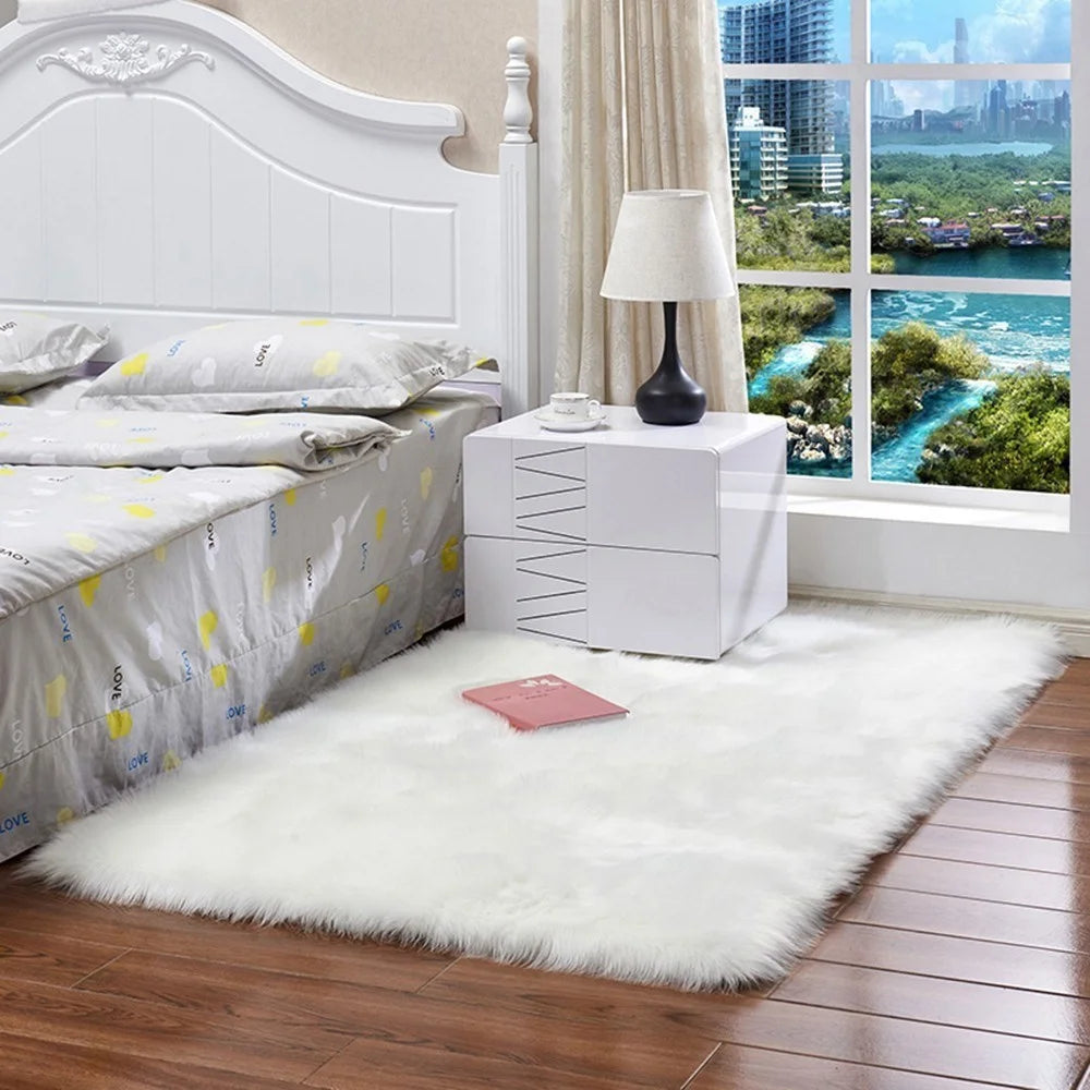 Soft Faux Fur Rug Fluffy Rectangle Shape Sheepskin Fur Carpet Rug for Nursery Room, Bedroom, Luxury Home Decor - White/300x300mm - 2
