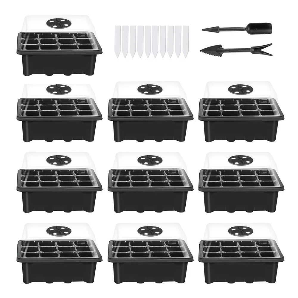 10 Set Seed Trays Moisturizing Seedling Starter Tray (12 Cells per Tray)with Adjustable Dome Lids and Base Plus Plant Tags - Black - 1