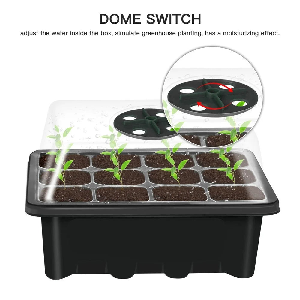 10 Set Seed Trays Moisturizing Seedling Starter Tray (12 Cells per Tray)with Adjustable Dome Lids and Base Plus Plant Tags - Black - 5