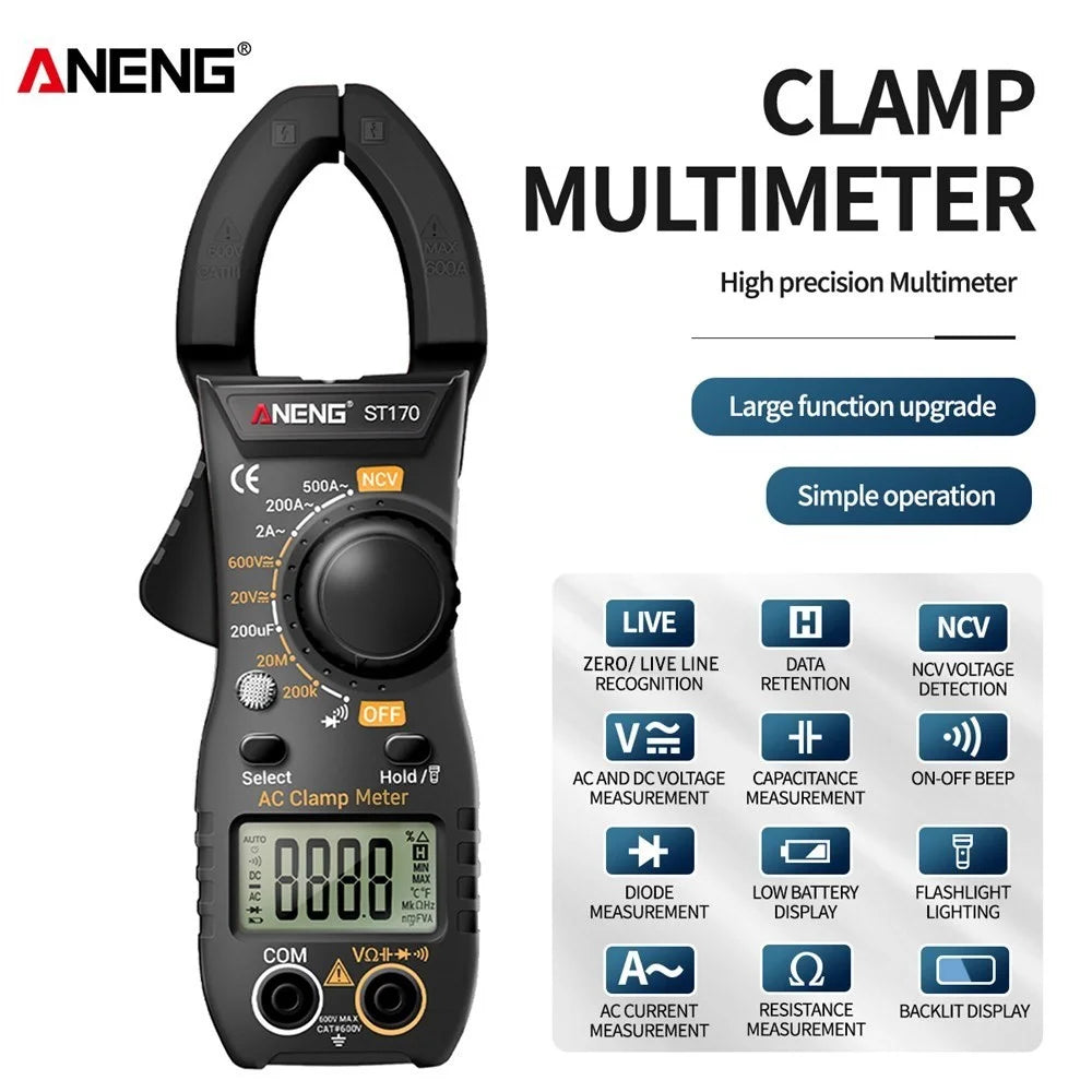 ANENG ST170 Digital Clamp Meter Multimeter 1999 Counts AC DC Smart Clamp Meter, Auto-ranging Measure Resistance - Black - 3