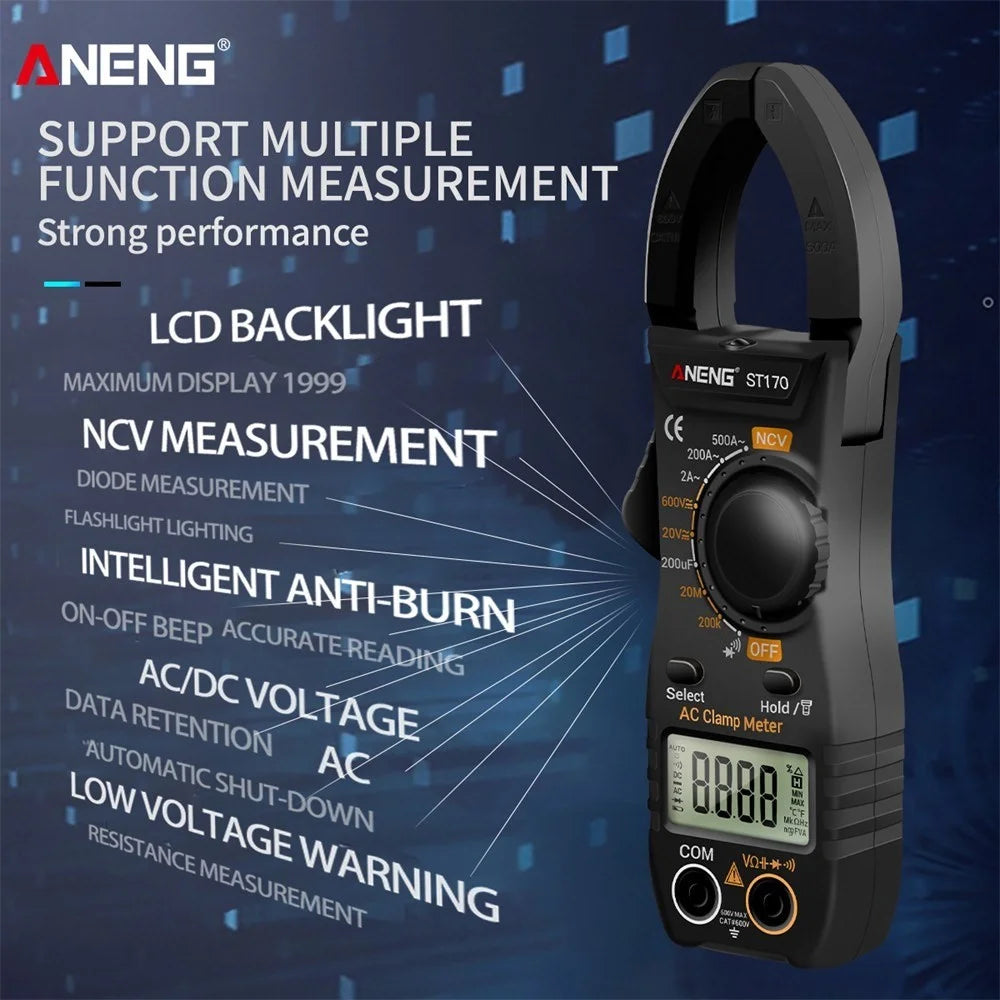 ANENG ST170 Digital Clamp Meter Multimeter 1999 Counts AC DC Smart Clamp Meter, Auto-ranging Measure Resistance - Black - 4