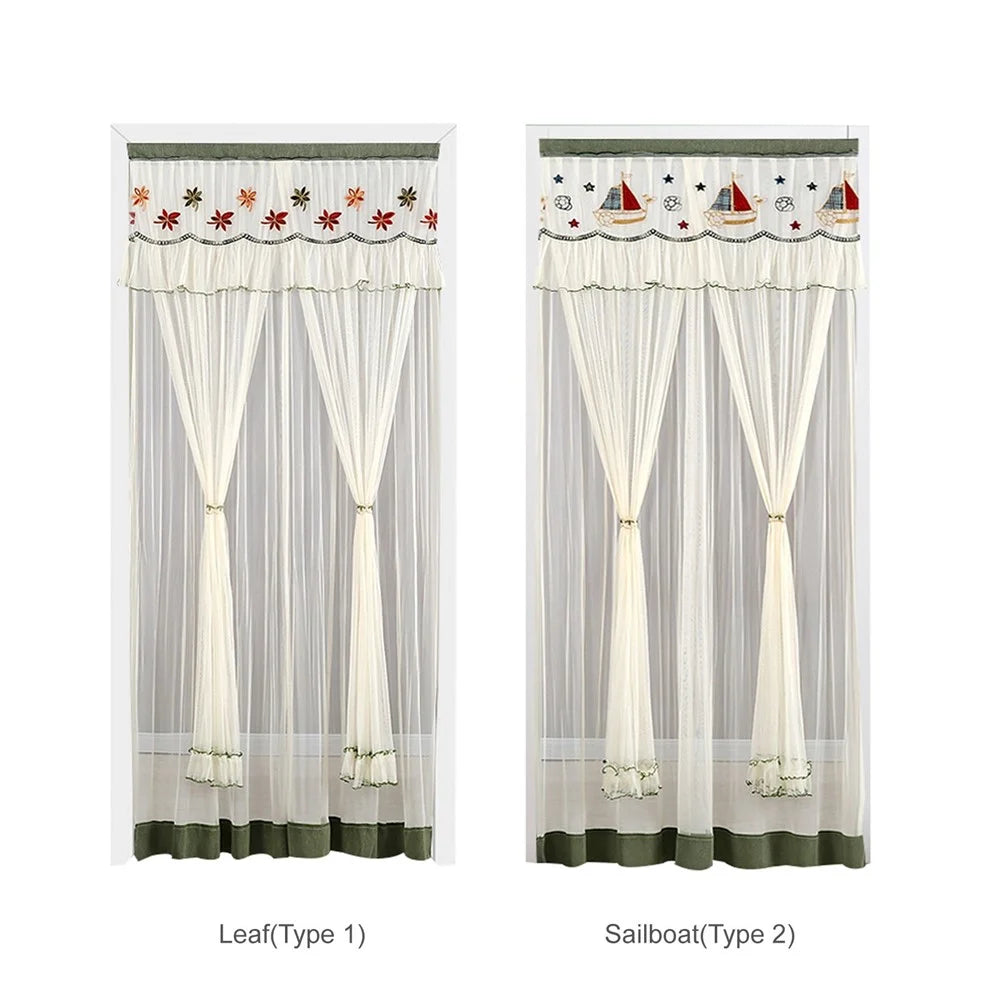 Embroidery Semi Sheer Curtain Double Layer Anti-mosquito Window Curtain for Kitchen Bedroom and Living Room - Leaf/37x78 Inch - 5