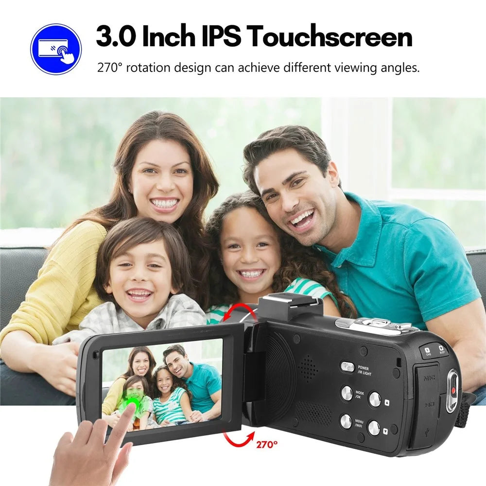 4K Digital Video Camera 3.0 Inch IPS Touch Screen WiFi Camcorder DV Recorder 56MP with Wide-Angle Lens + 2 Batteries + Microphone - 5