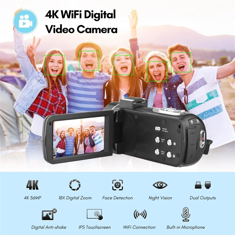 4K Digital Video Camera 3.0 Inch IPS Touch Screen WiFi Camcorder DV Recorder 56MP with Wide-Angle Lens + 2 Batteries + Microphone - 7
