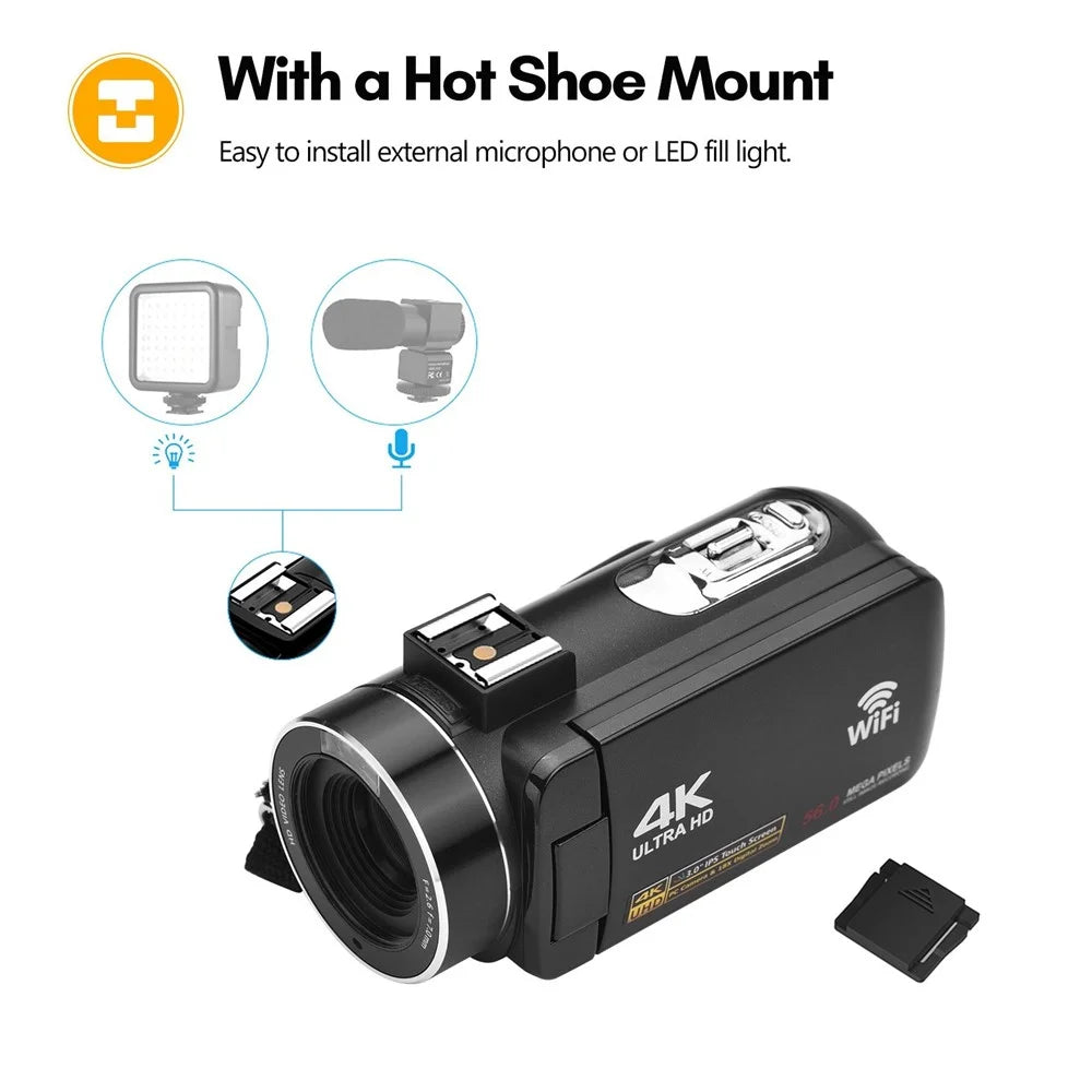 Portable 4K Digital Video Camera 3.0 Inch IPS Touch Screen WiFi Camcorder Anti-Shake DV Recorder 56MP 18X Digital Zoom Supports Face Detection IR Night Vision with 2 Batteries + Remote Control + Carrying Bag + External Microphone - 6
