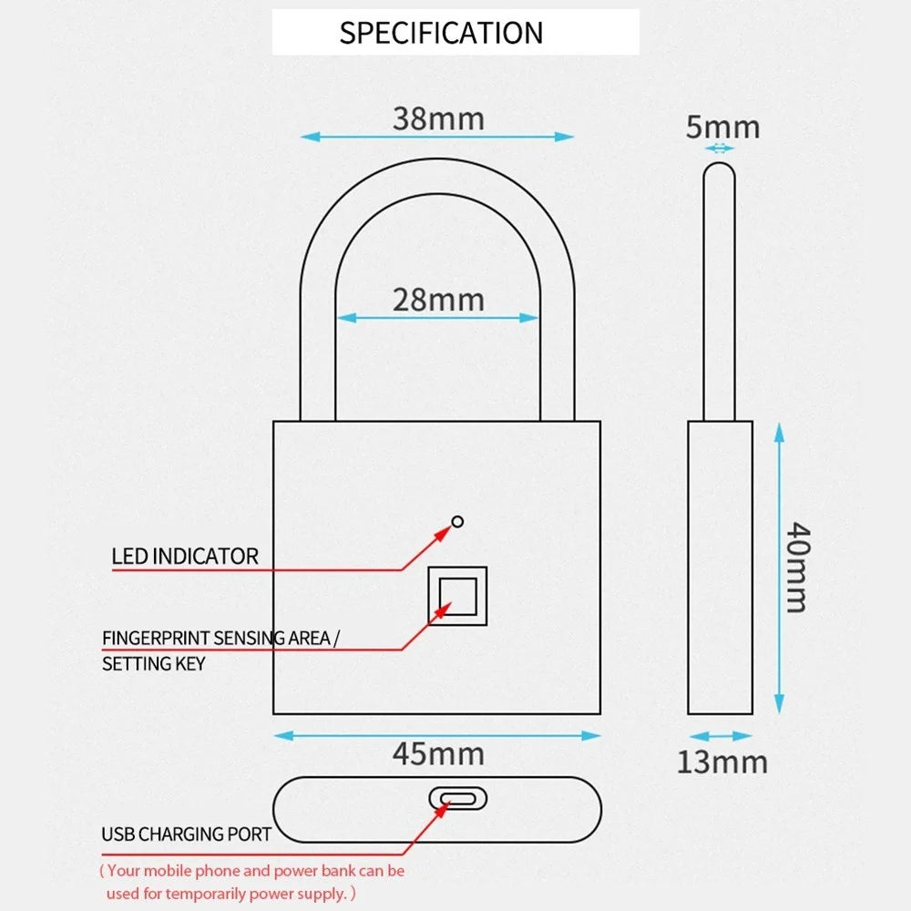 Smart Fingerprint Padlock Small Size Padlock Cabinet Fingerprint Lock Mini Fingerprint Lock - Black - 7