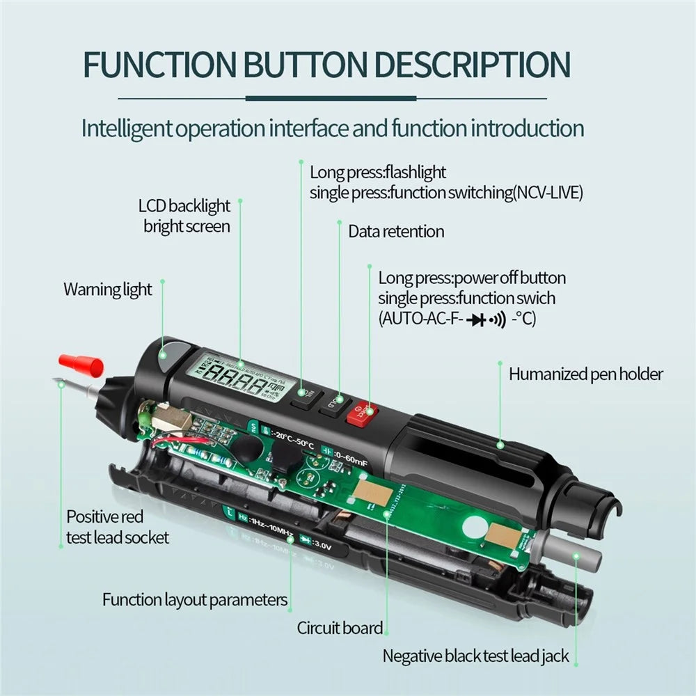 ANENG A3007 Pen Multimeter 6000 Counts Digital Voltage Tester with LCD Display Backlight Flashlight NCV Auto-off for Current Resistance Capacitance Diode Continuity Testing Tool - 3