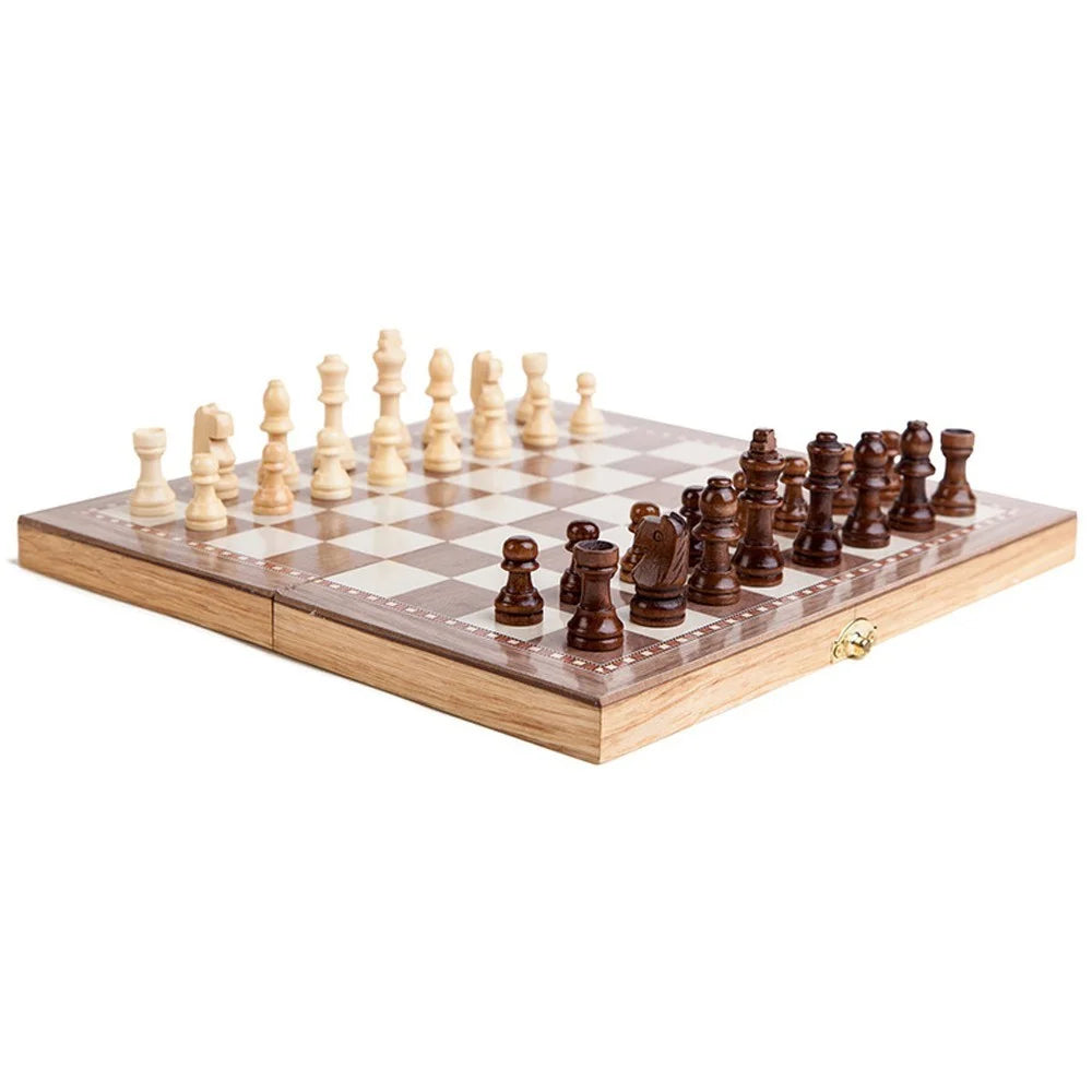 3-in-1 Multifunctional Wooden Chess Set Folding Chessboard Game Draughts Backgammon Set Educational Toy - 2
