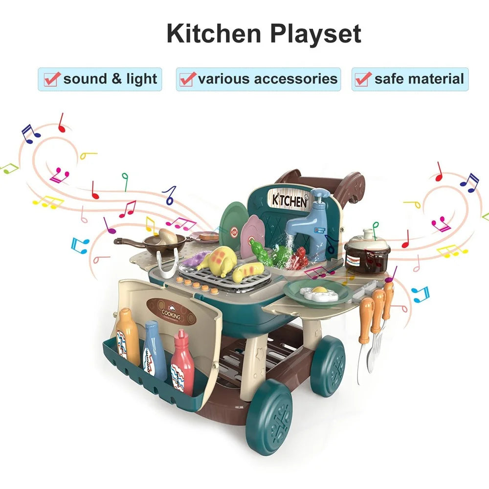 Kids Kitchen Shopping Cart Pretend Toddler Toys Play Kitchen Sink Toys Color Changing Funny Role Play Set with Light and Sound - Sky Blue - 2
