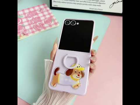 For Samsung Galaxy Z Flip7 5G Case Skin Touch Silicone Ring PC TPU Phone Cover with Cartoon Dachshund Sticker - Navy Blue