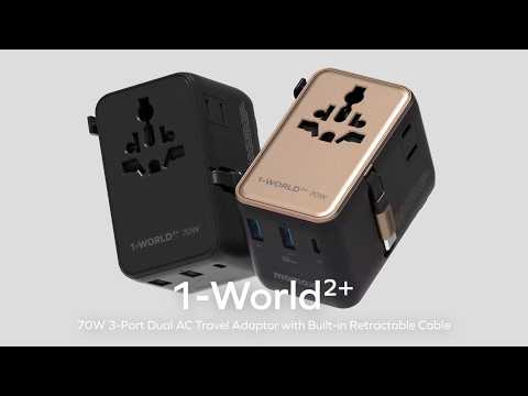 MOMAX UA30 1-World2+ Dual AC Universal Travel Adapter GaN 70W International Power Adapter Built-in Retractable Cable - Black